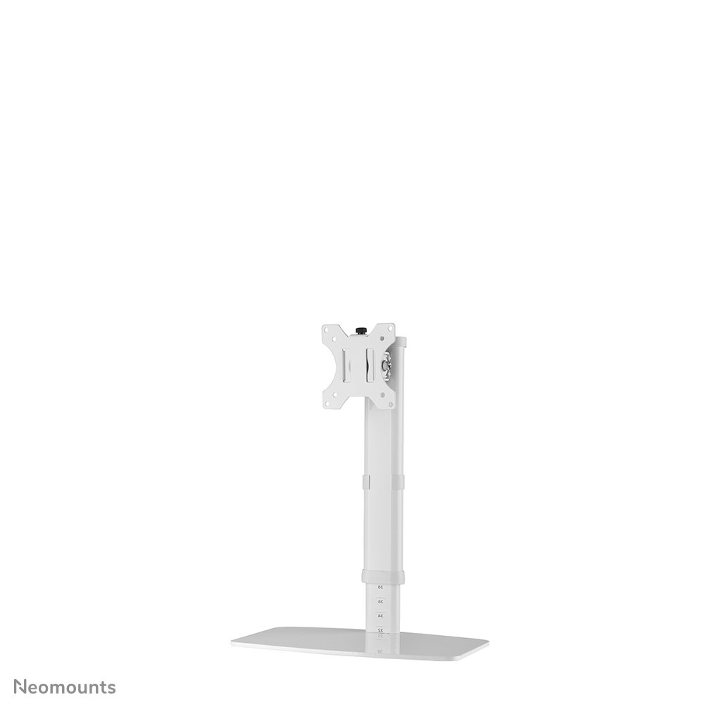 Een witte monitorstandaard met voet, paal en montagebeugel. De achtergrond is wit.