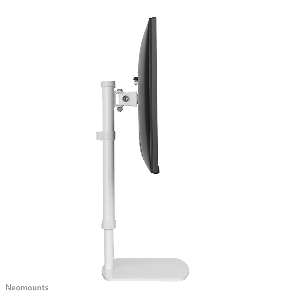 Een witte monitorstandaard met een zwarte monitor. De standaard is verticaal, met een rechthoekige basis. De monitor wordt van de zijkant bekeken.