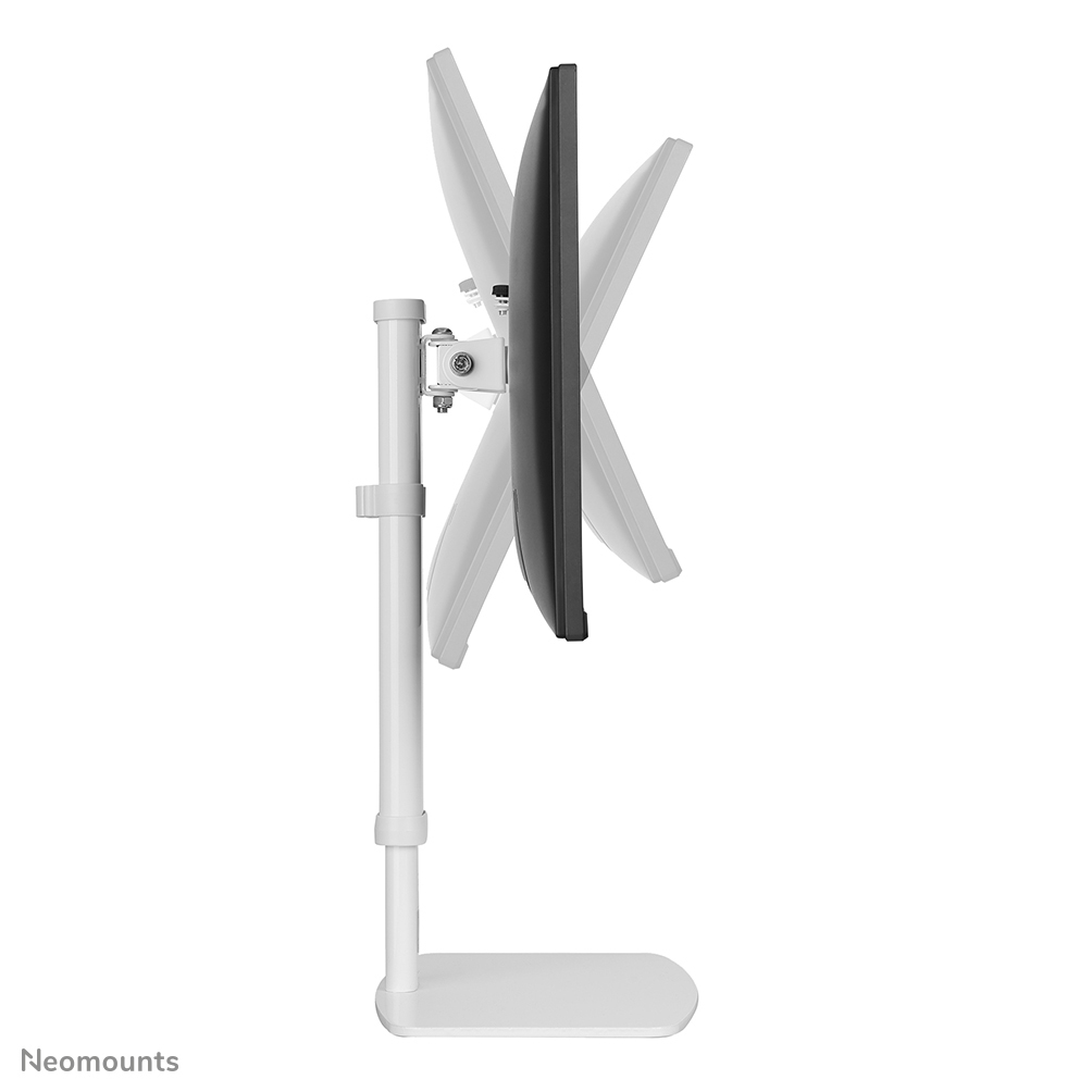 Een witte monitorstandaard met een zwart scherm wordt weergegeven. Het scherm is iets gekanteld. De standaard staat op een witte achtergrond.