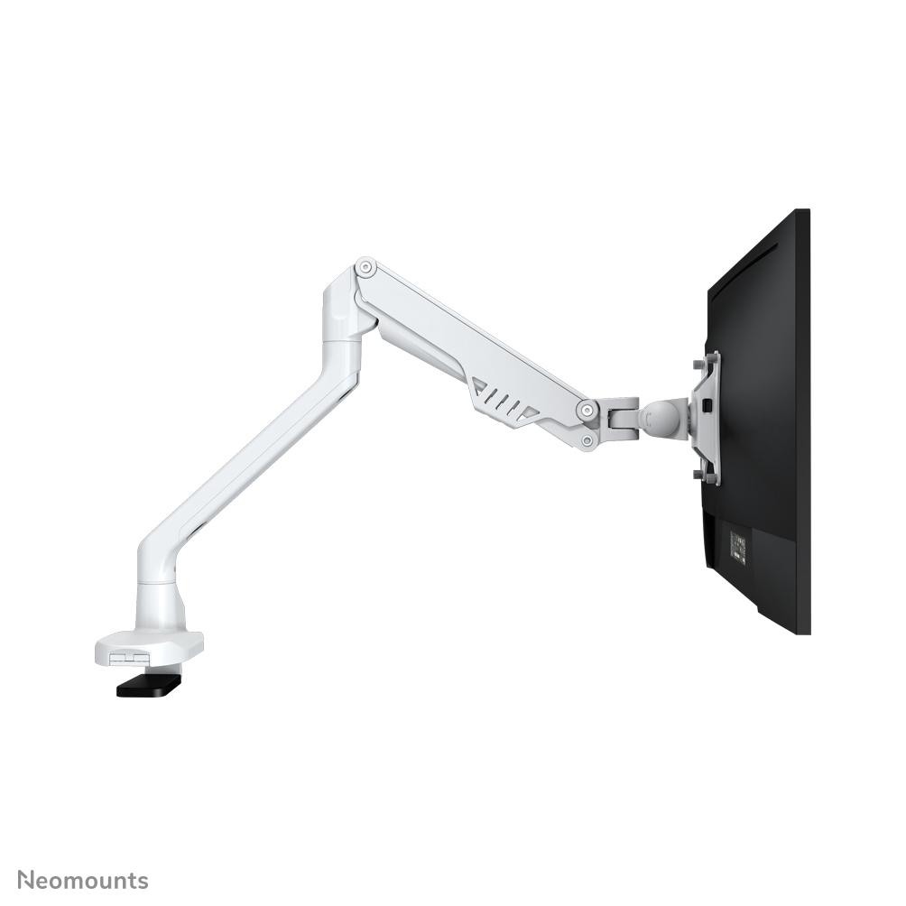 Ein weißer Monitorarm, der einen schwarzen Monitor hält. Der Arm ist auf einer weißen Oberfläche montiert, mit schwarzem Sockel. Der Hintergrund ist weiß.