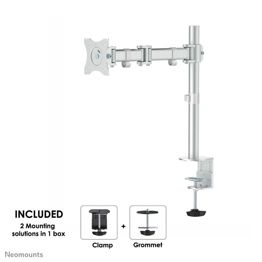 A silver monitor arm with clamp and grommet mounting options. Text indicates '2 Mounting solutions in 1 box' included.