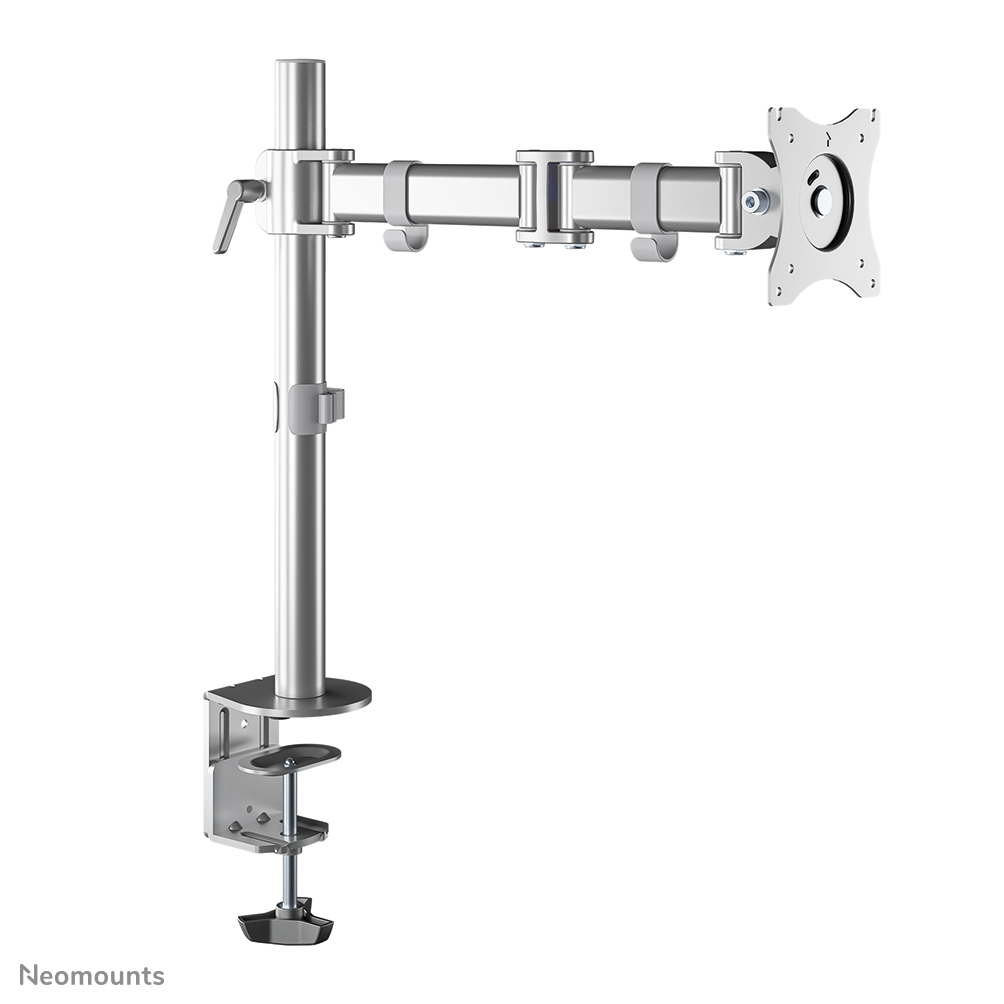 A silver monitor arm with a clamp base, a vertical pole, and an articulated arm supporting a square plate for a monitor.