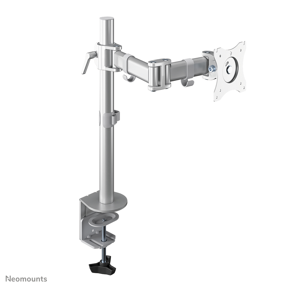 A silver monitor arm is clamped to a surface. The arm has multiple joints and a bracket for attaching a screen.
