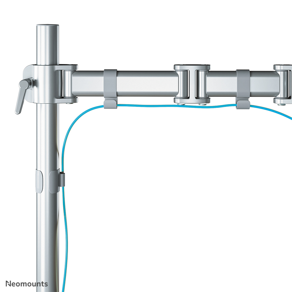 A silver monitor arm with a blue cable attached. It has adjustable joints and a lever. White background.