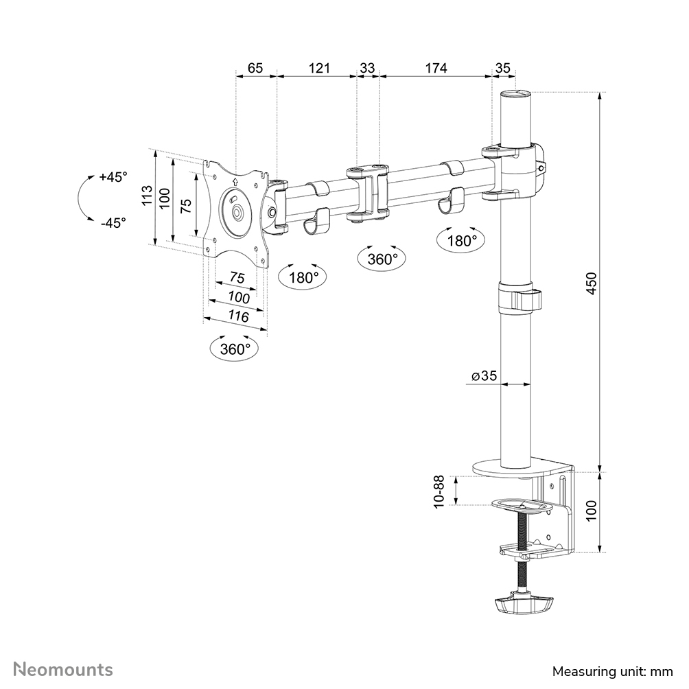 Diagram of a monitor mount with measurements in mm. Includes dimensions for angles, lengths and diameters of the parts.