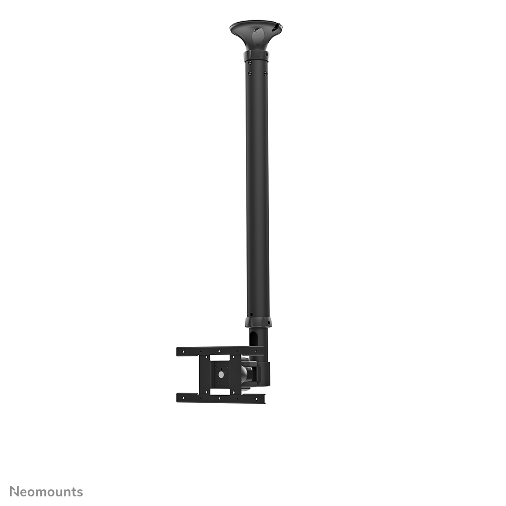 Een zwarte plafondbeugel voor een tv. Het heeft een plafondplaat, een lange paal en een beugel om een tv vast te houden. Witte achtergrond.