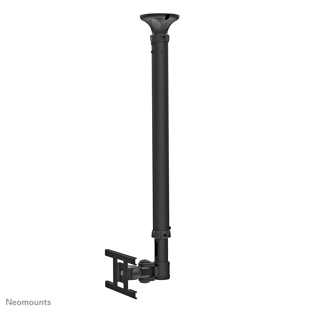 Een zwarte plafondbeugel voor een tv. Het heeft een ronde bovenkant, een lange paal en een beugel om aan een tv te bevestigen. Witte achtergrond.