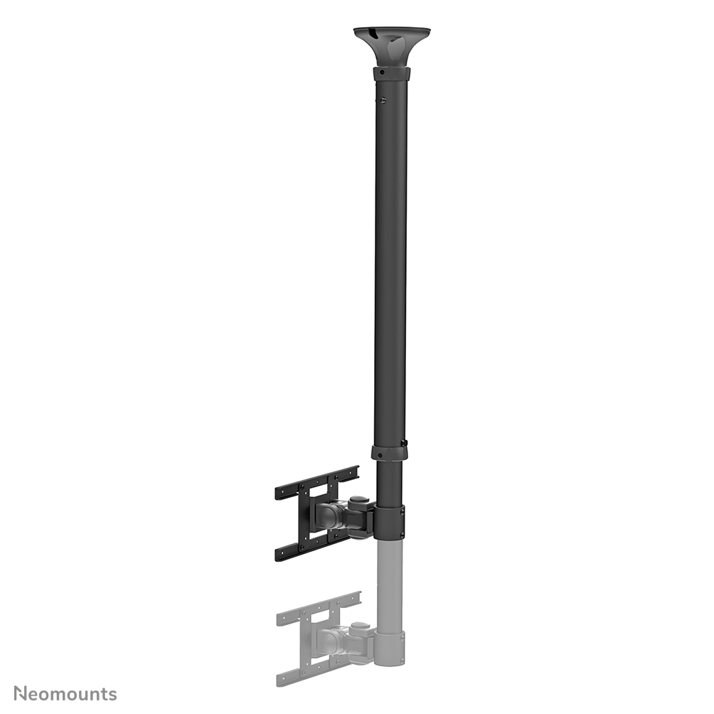 Een zwarte plafondbeugel voor een tv. Het heeft een lange verticale paal met een montagebeugel.