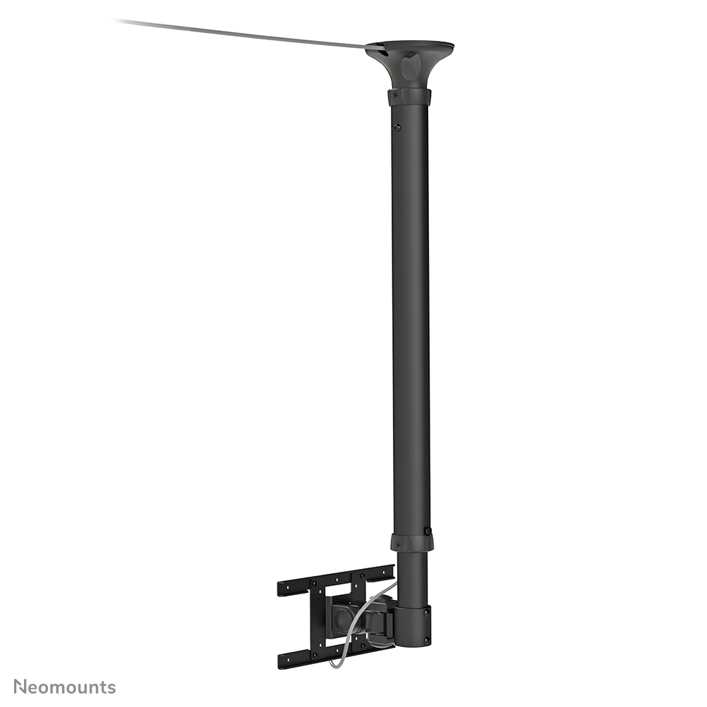 Een zwarte plafondbeugel voor een tv. Het heeft een lange paal met een montagebeugel aan de onderkant. De achtergrond is wit.