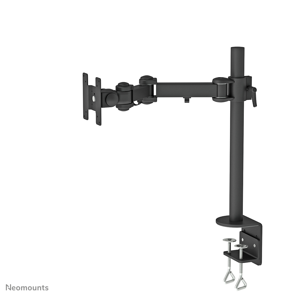A black monitor arm, with multiple joints and a clamp. It is mounted on a white background. The arm is from Neomounts.