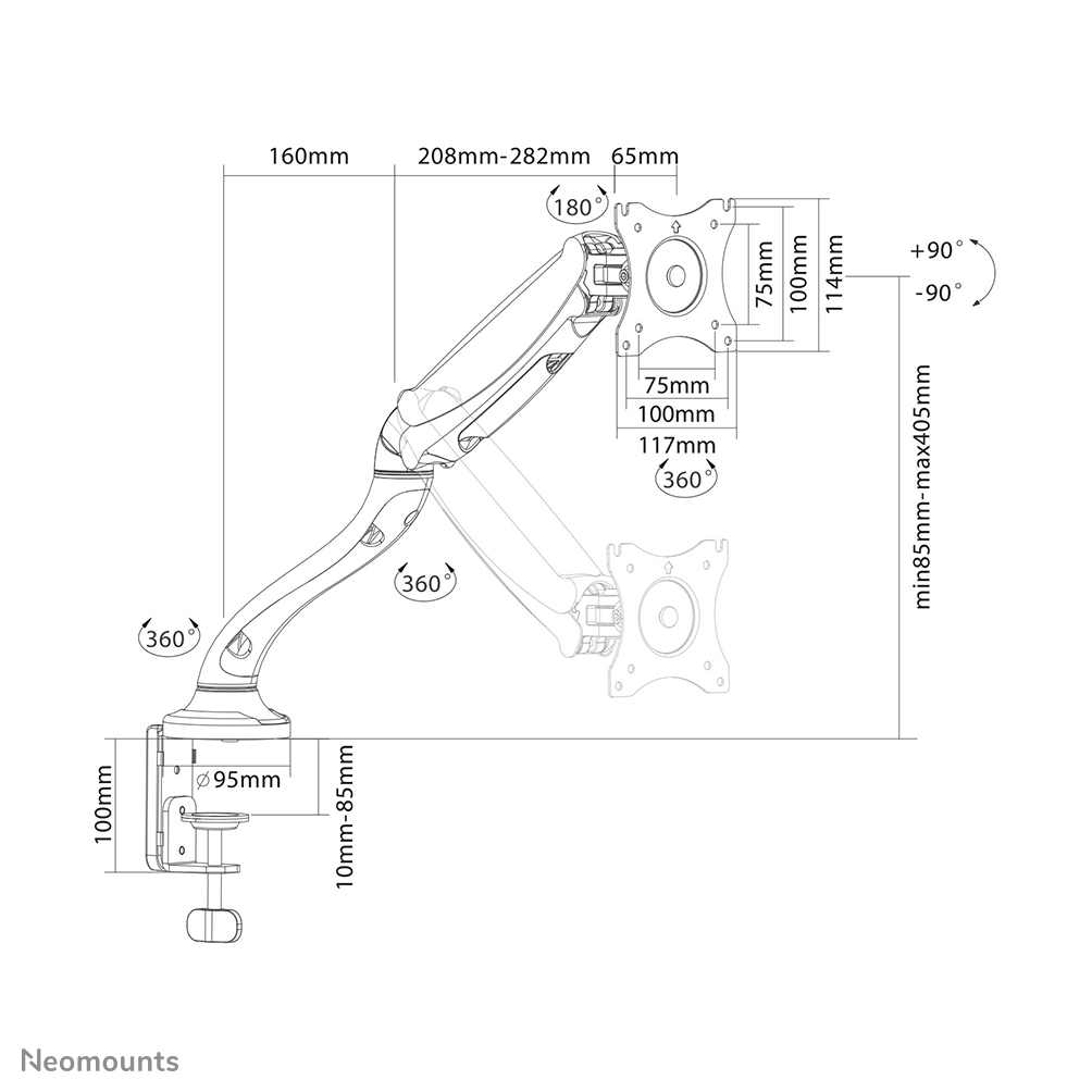 Schéma d'un bras de moniteur avec dimensions, angles et mesures en millimètres. Il montre les capacités de rotation.