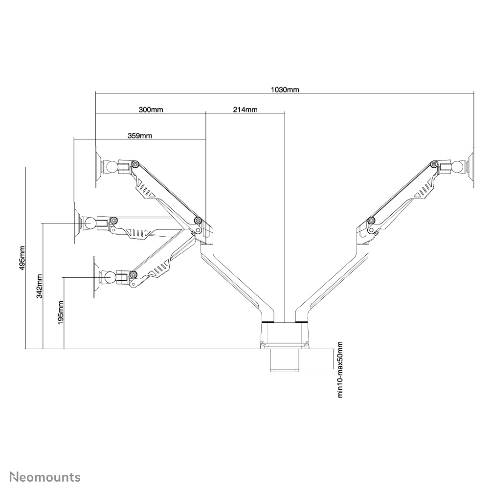 Diagramm eines Doppelmonitorarms, Abmessungen beschriftet. Der Arm befindet sich auf weißem Hintergrund. Neomounts-Logo sichtbar.