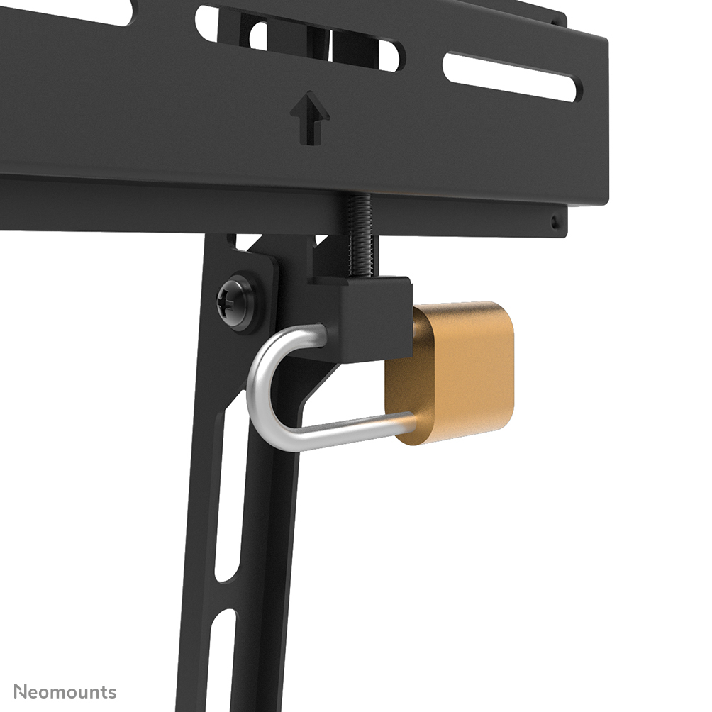 A close-up view of a black metal bracket with a gold padlock attached. The background is white.