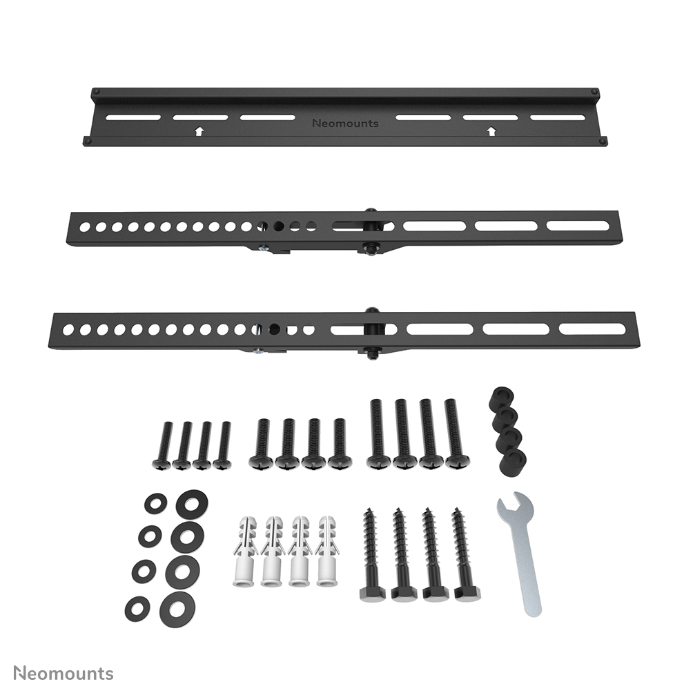 Black TV mount kit with brackets, screws, washers, wall plugs, and a wrench against a white background.