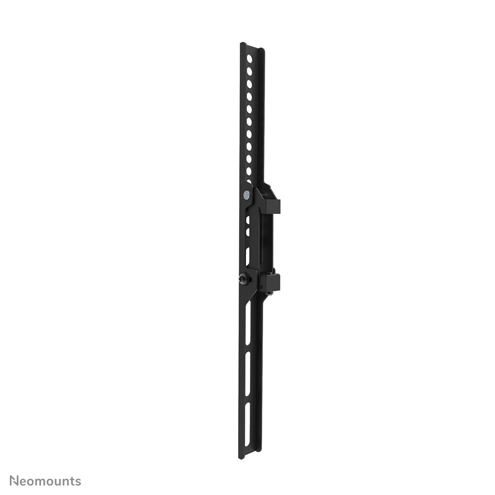 A black metal TV wall mount bracket. It is vertically oriented with multiple holes and attachment points.