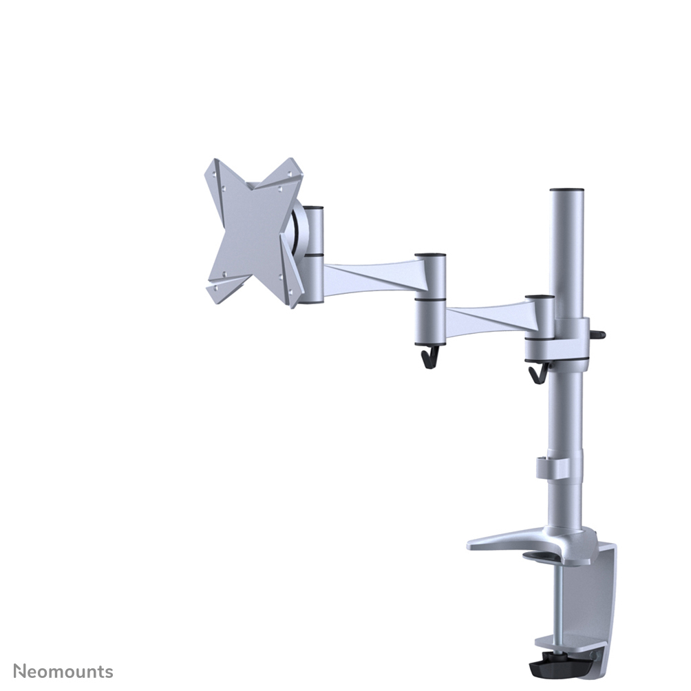 A silver monitor arm on a white background. It has multiple joints and a clamp. The monitor mount is shaped like an X.
