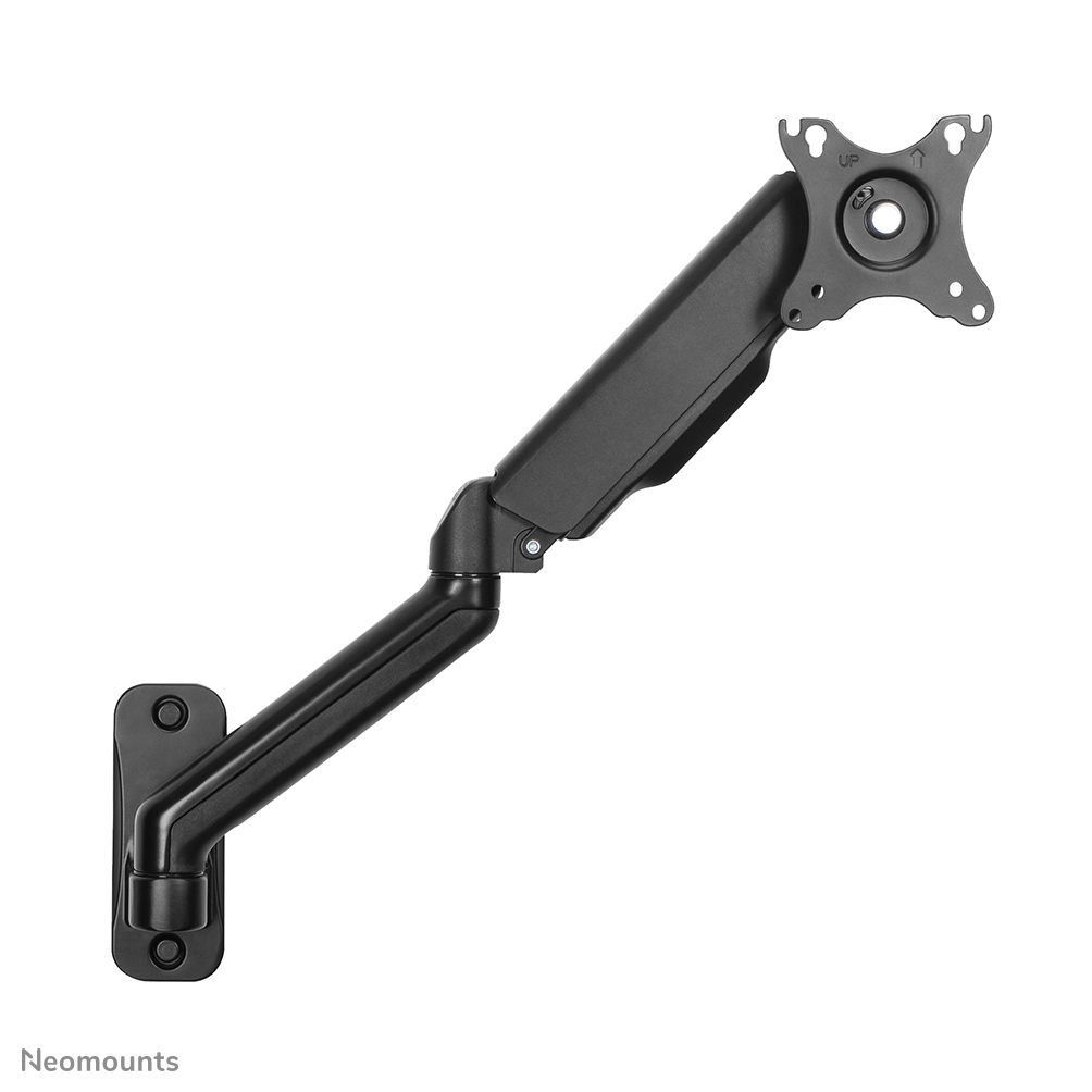 Un bras de moniteur noir, fixé au mur, s'étend en diagonale. Il comporte plusieurs articulations et une plaque pour la fixation du moniteur, sur fond blanc.