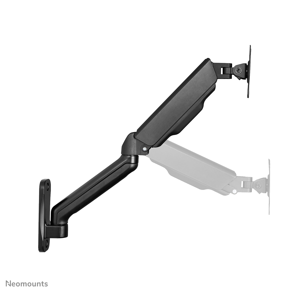 Un bras de moniteur noir sur fond blanc. Une image fantôme montre la position possible. Le nom de la marque est visible.