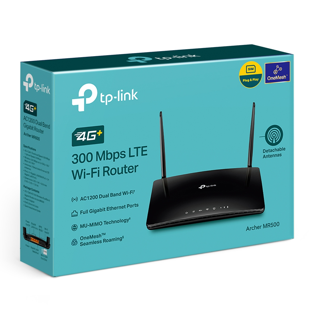 Pudełko routera TP-Link Archer MR500. Jest czarne z antenami i tekstem, np. '300 Mbps LTE Wi-Fi Router'.