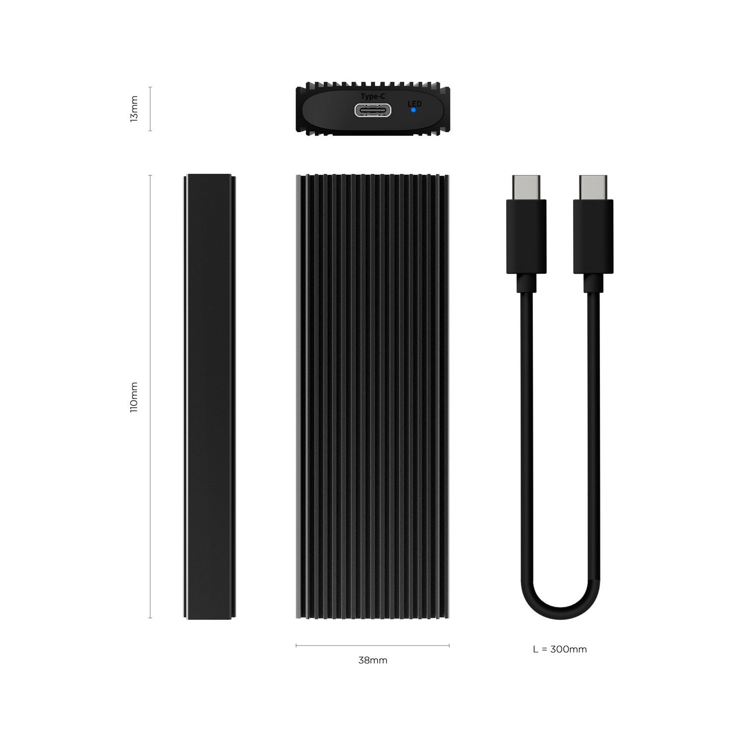 Componentes de disco duro externo negro: unidad, cable y vista superior de la unidad. Las dimensiones se indican con líneas negras.