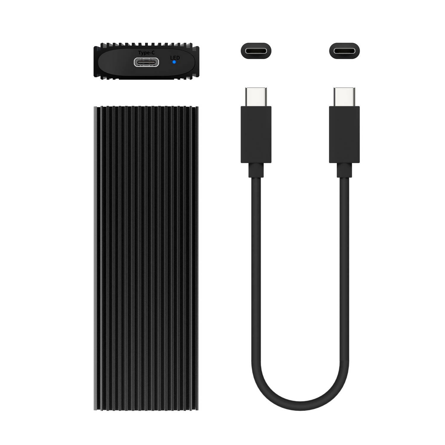 Disco duro externo negro, cables USB-C y un pequeño conector negro con indicadores Type-C y LED, todo sobre fondo blanco.