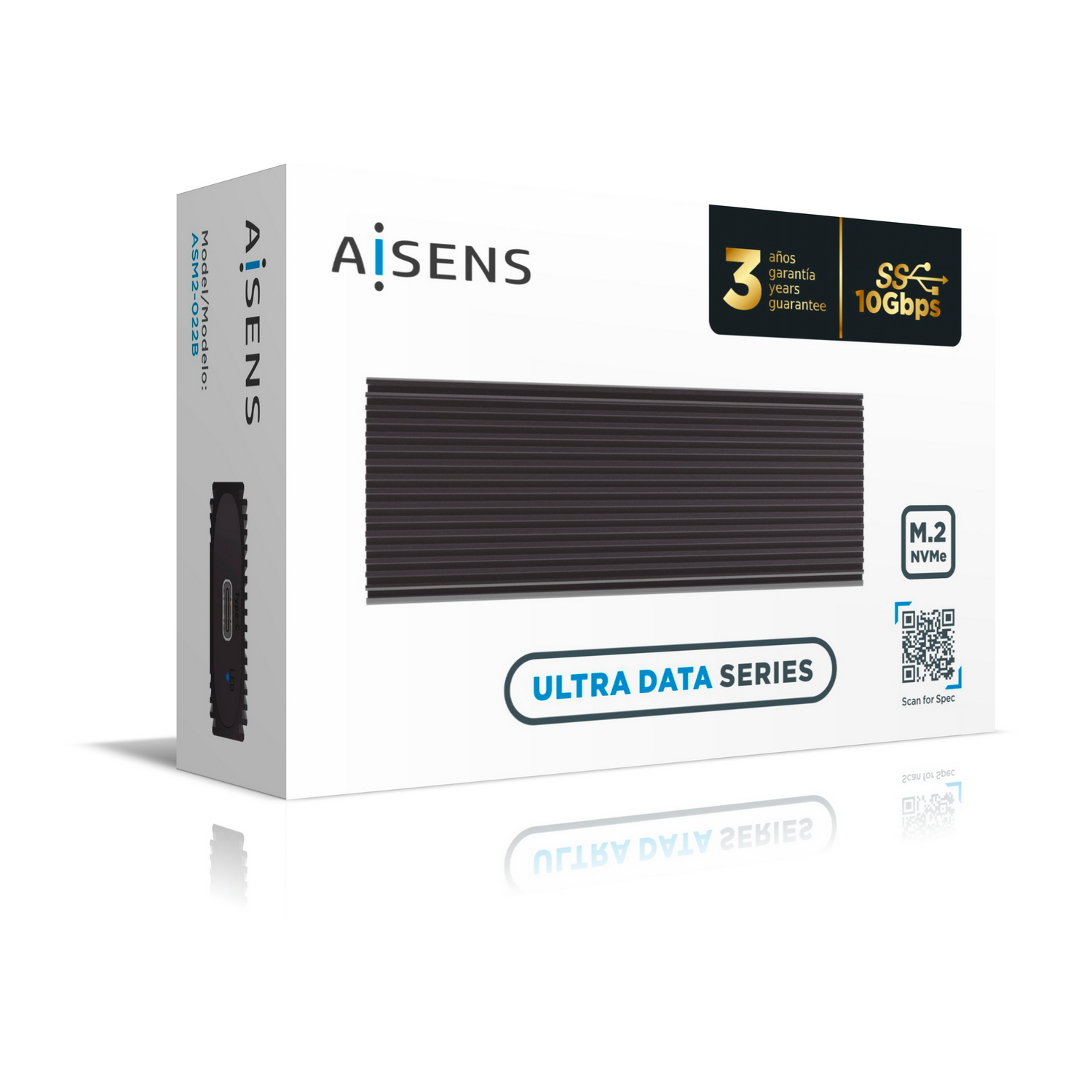 Una caja blanca con el logo de AISENS e información del producto, incluido un SSD negro. Características: 3 años de garantía, 10 Gbps y M.2 NVMe.