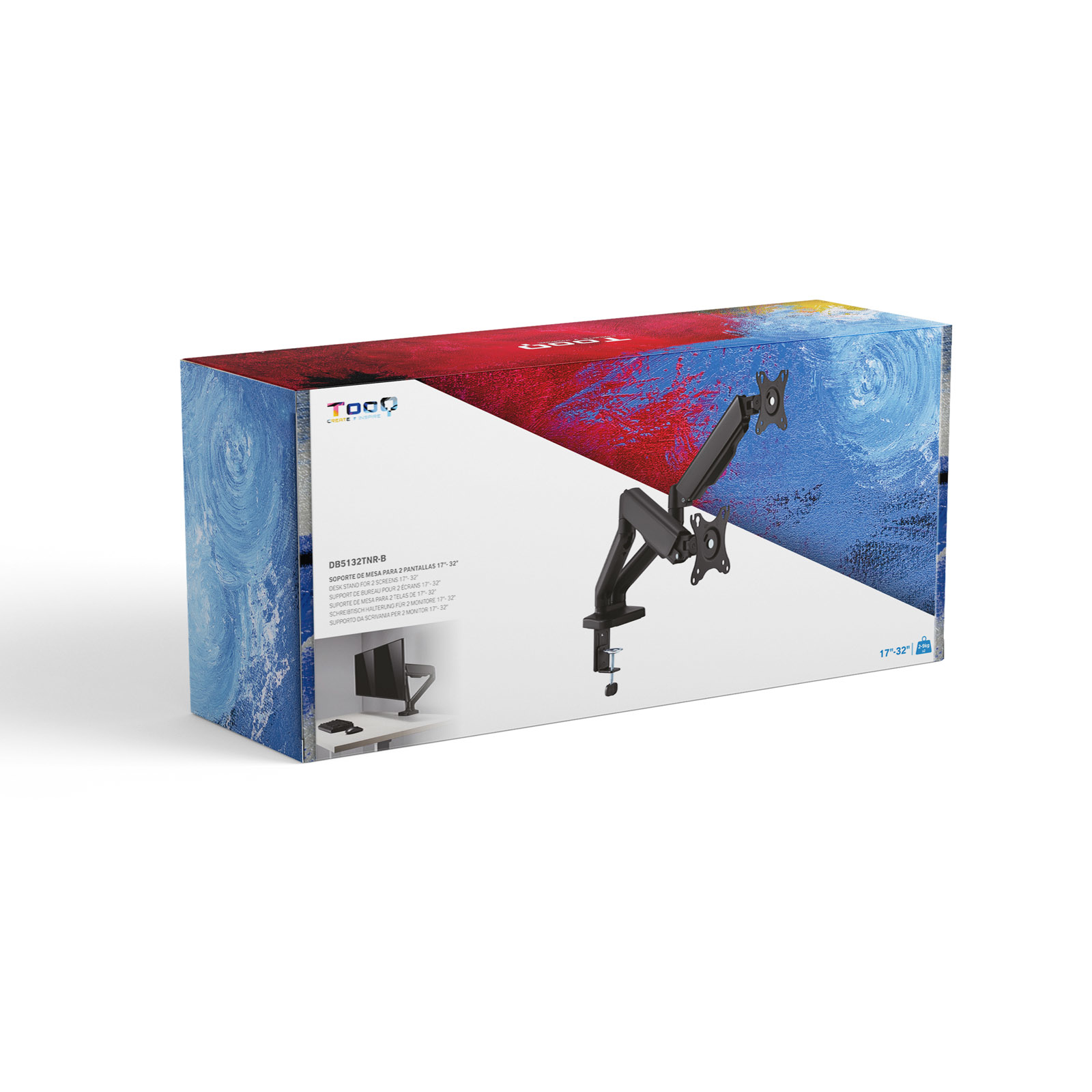 Pudełko ze stojakiem na monitor. Pudełko ma abstrakcyjną grafikę, a stojak jest czarny.