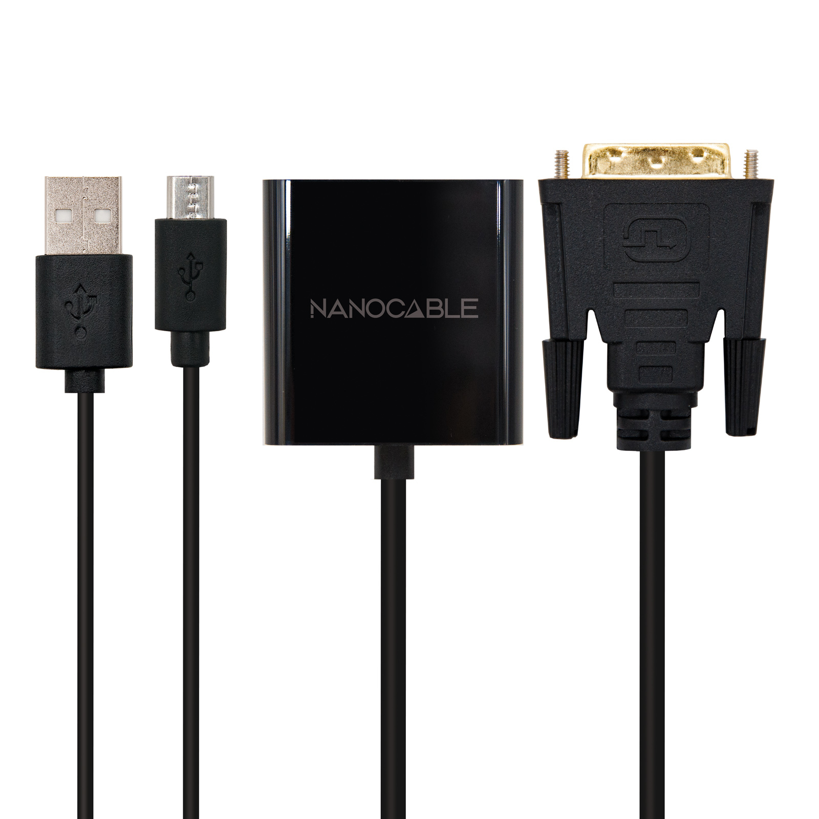 La imagen muestra un cable USB, un cable micro-USB, un adaptador negro con 'NANOCABLE' y un cable DVI, todo sobre un fondo blanco.