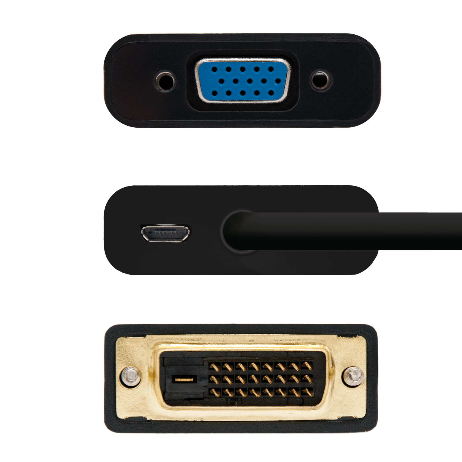Tres vistas de cerca de conectores de cable de ordenador: VGA, USB y DVI. Conectores negros con detalles azules y dorados.