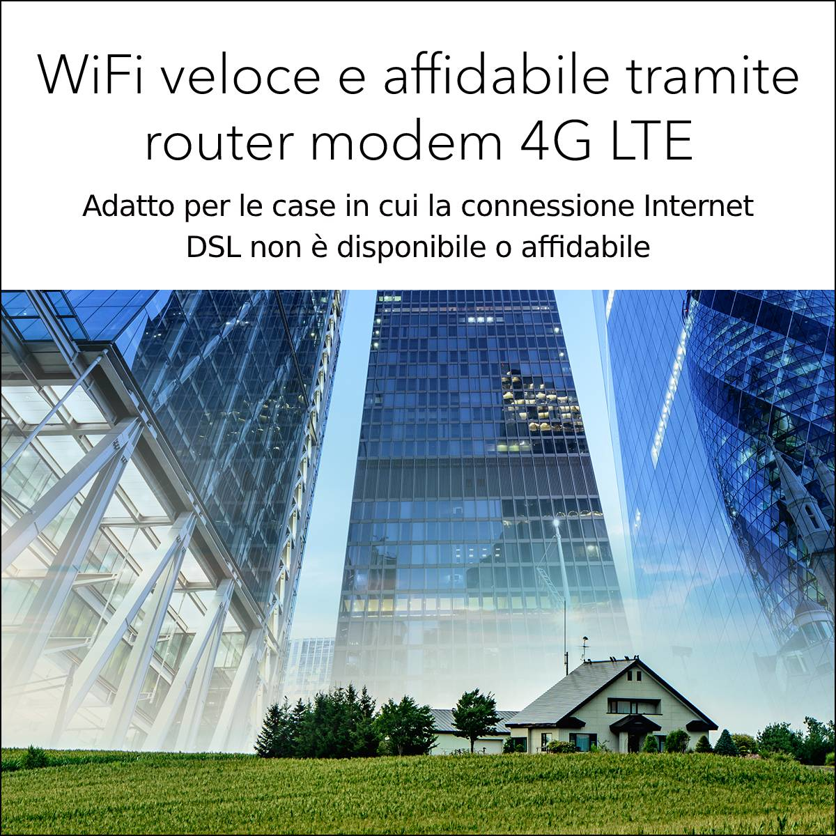 Obraz przedstawia tekst o Wi-Fi i 4G LTE. Wieżowce w tle. Dom i zielone pole na pierwszym planie.