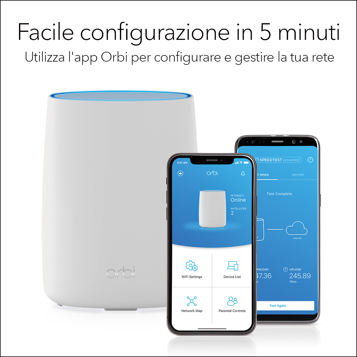 Biały router Orbi, dwa smartfony wyświetlające interfejs aplikacji Orbi, pokazujące ustawienia WiFi i wyniki testu prędkości internetu.