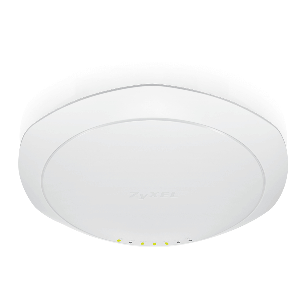 Un punto di accesso Zyxel bianco. Ha una forma rotonda con parte superiore e inferiore piatte, diverse spie e il logo Zyxel.