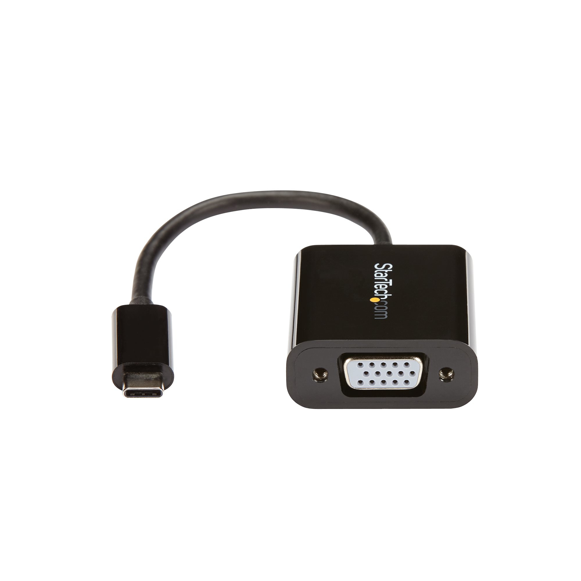 Schwarzer USB-C-auf-VGA-Adapter. Mit schwarzem Kabel und schwarzer Box mit StarTech.com-Logo.