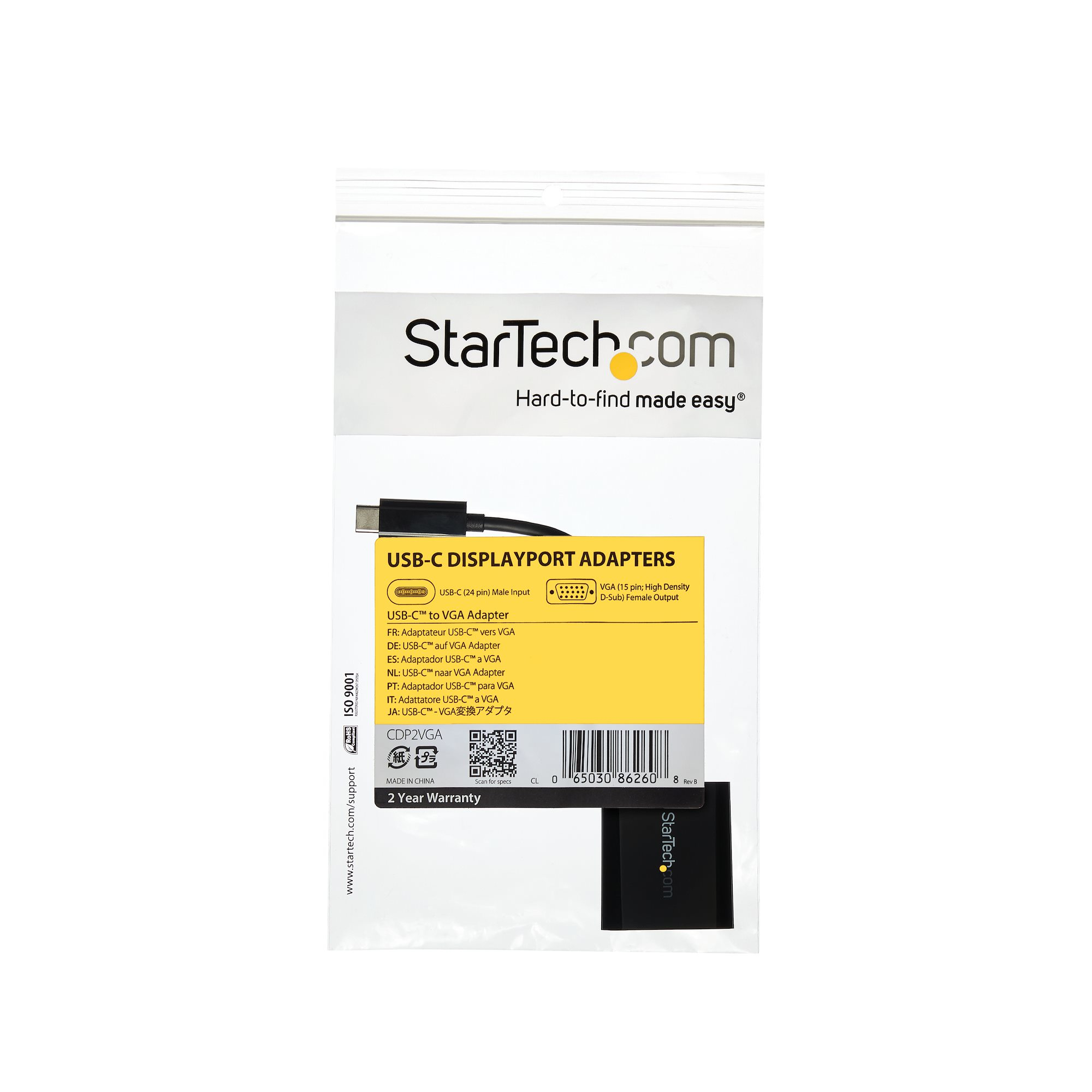 Eine StarTech-Adapterverpackung. Es ist ein USB-C-auf-VGA-Adapter. Die Verpackung zeigt den Adapter und seine Funktionen.