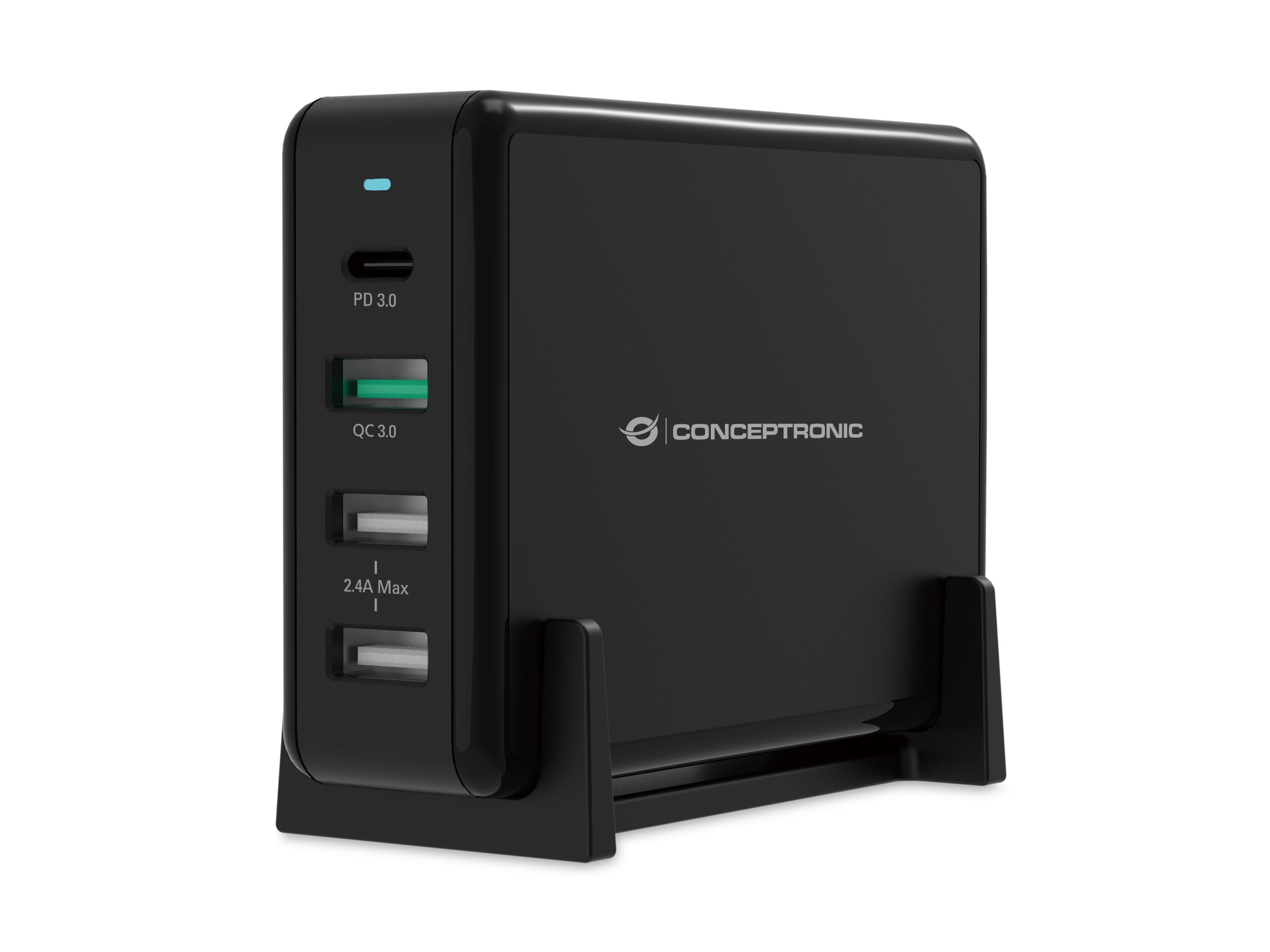 Ein schwarzes Conceptronic-Ladegerät mit mehreren Anschlüssen, einschließlich PD 3.0 und QC 3.0, auf weißem Hintergrund.