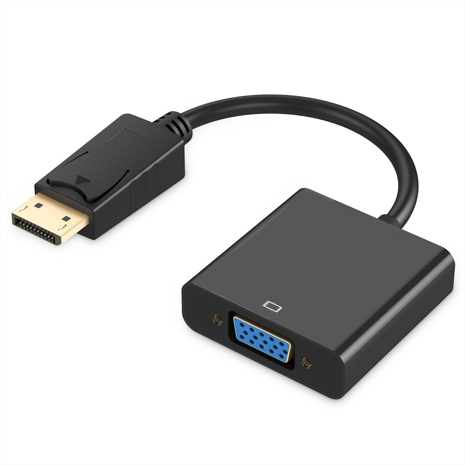 Un adattatore da DisplayPort a VGA nero. L'adattatore ha un connettore DisplayPort e un connettore VGA collegati da un cavo.