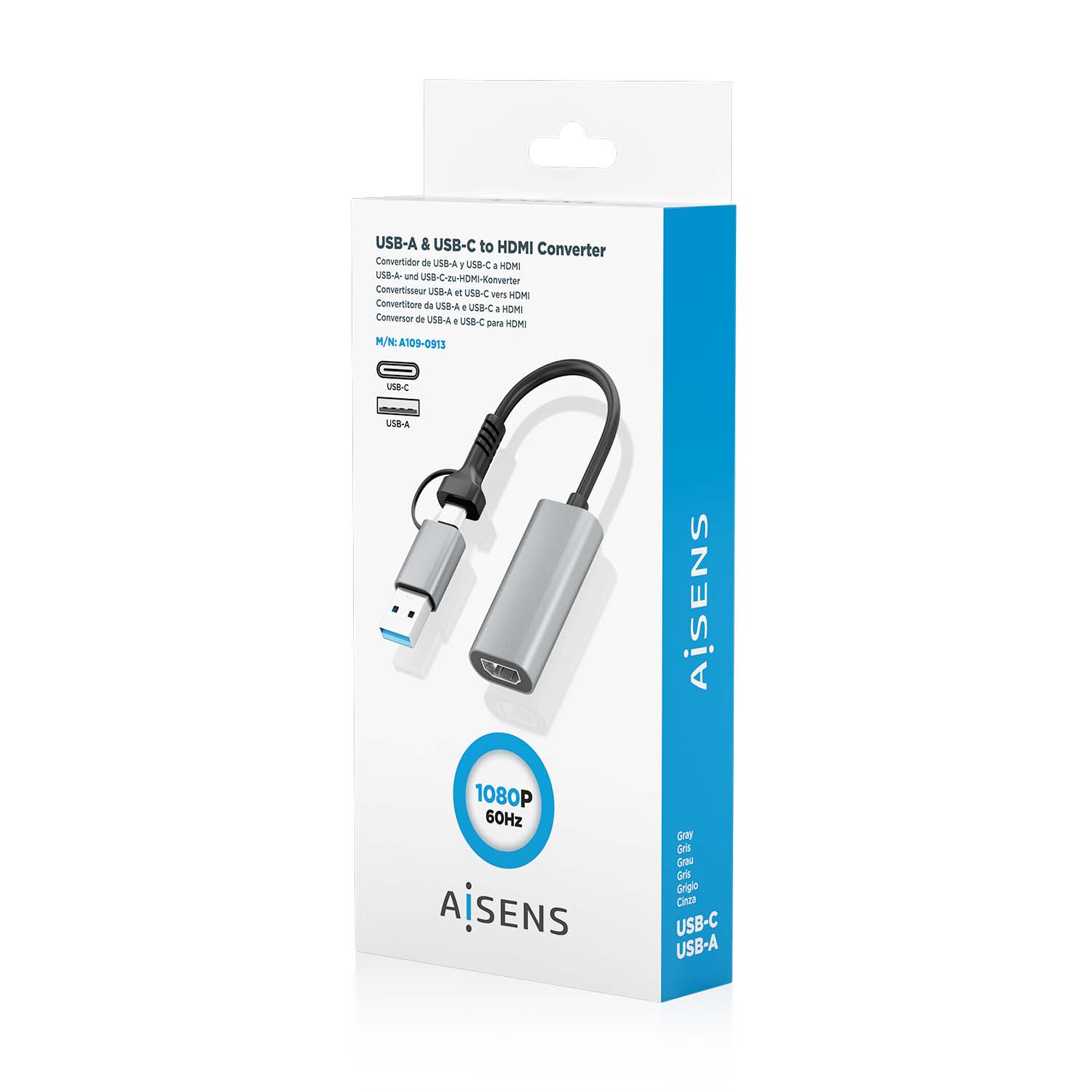 Un convertidor de USB-A y USB-C a HDMI en una caja blanca y azul. Muestra el convertidor y el nombre de la marca 'AiSens'.