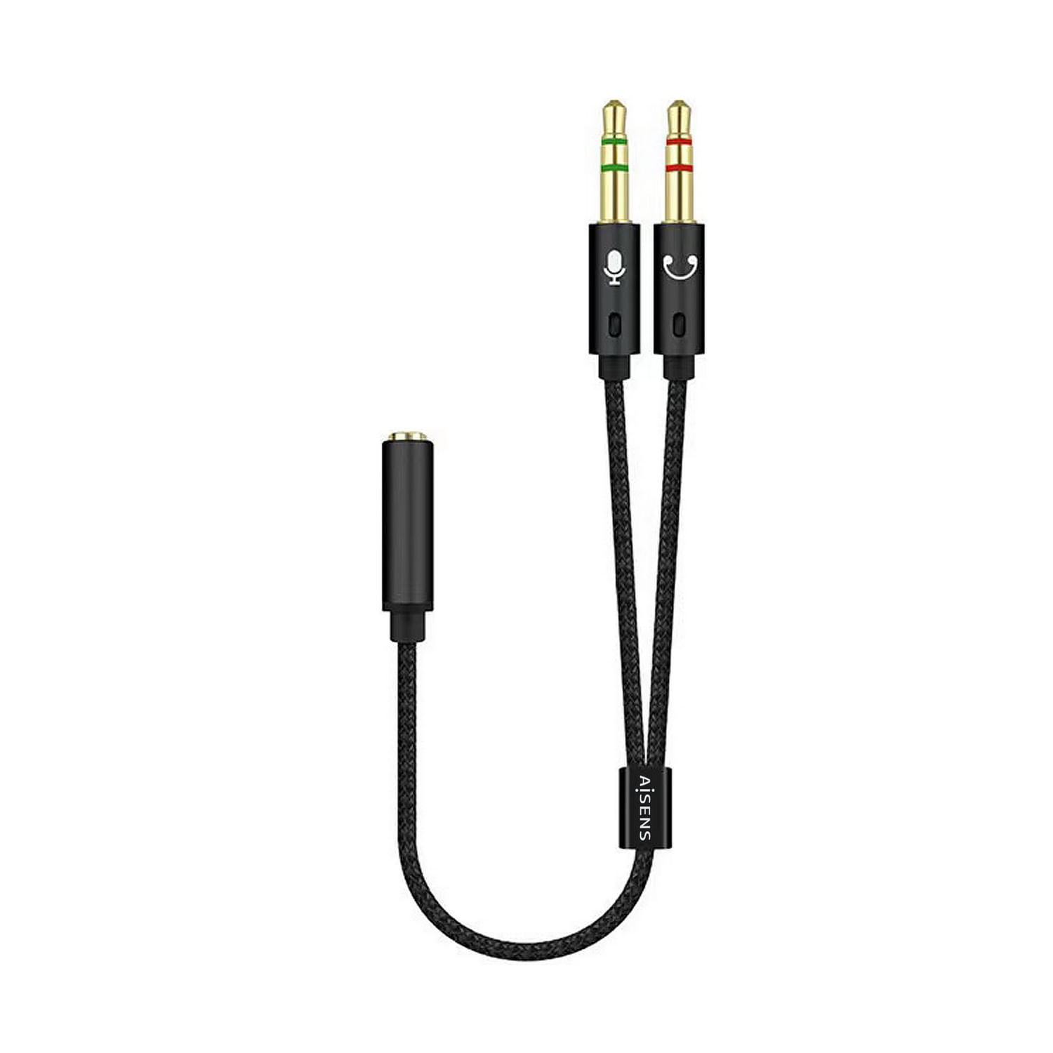 Un cavo sdoppiatore audio nero con due jack da 3,5 mm e una porta femmina da 3,5 mm. I jack hanno punte dorate.