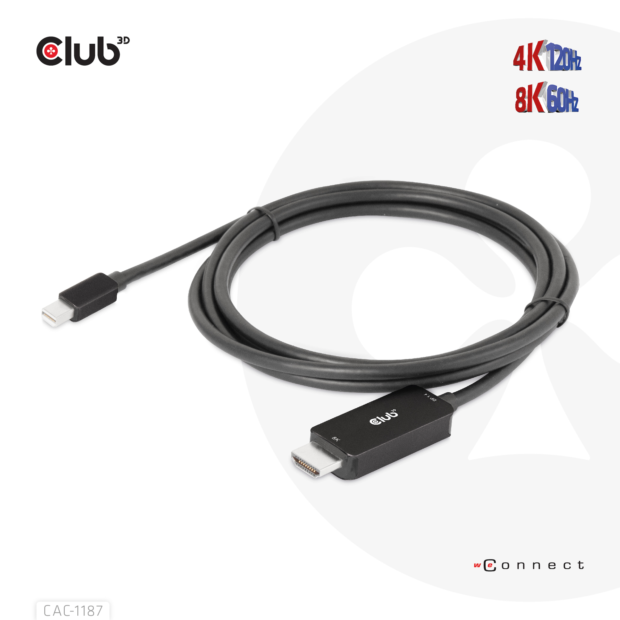 Zwarte HDMI-kabel met USB-C-connector. De kabel is van Club 3D en ondersteunt 4K 120Hz en 8K 60Hz.
