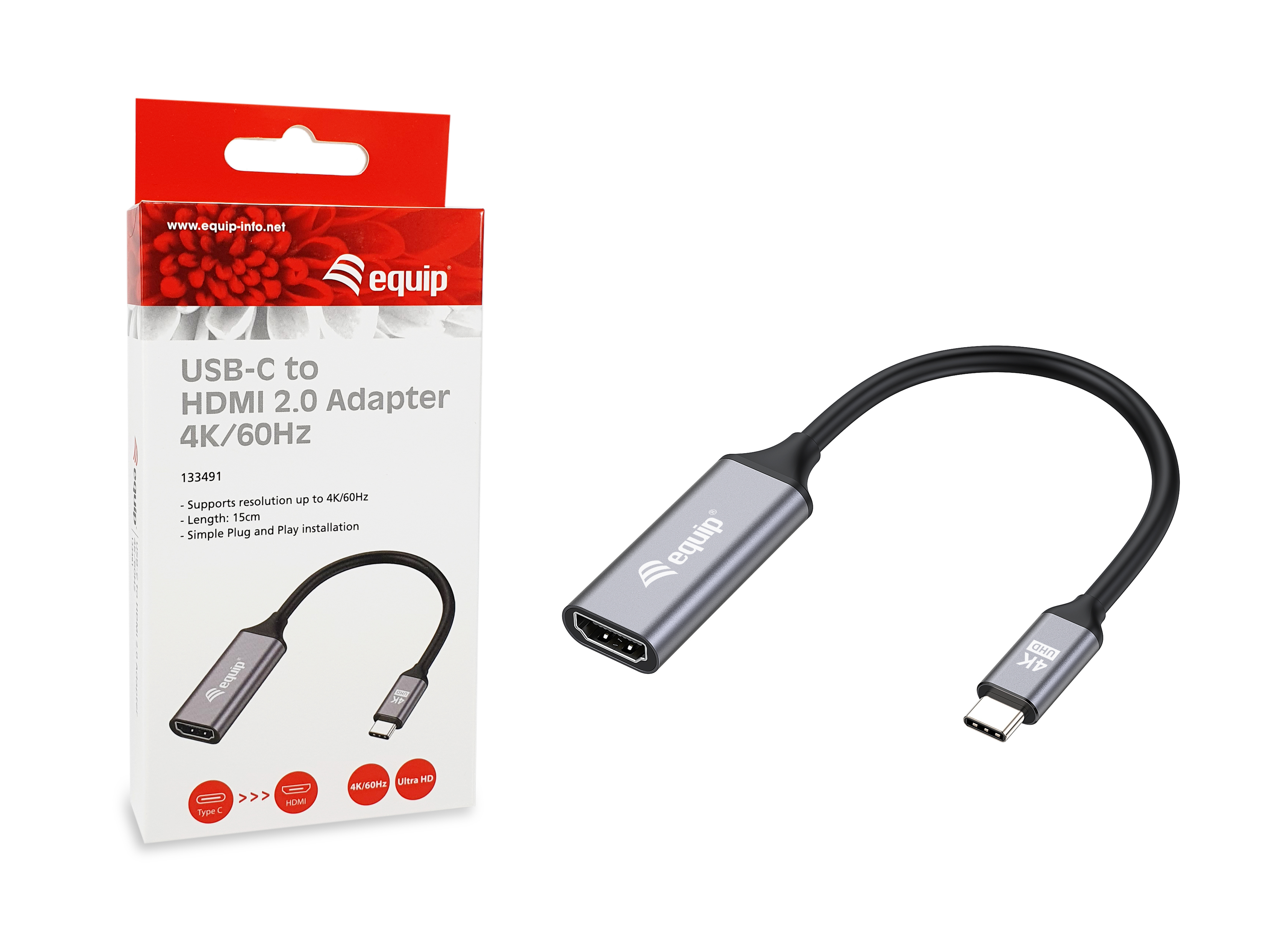 Un adaptador USB-C a HDMI con su embalaje. El adaptador es plateado y negro, con la marca 'equip'.
