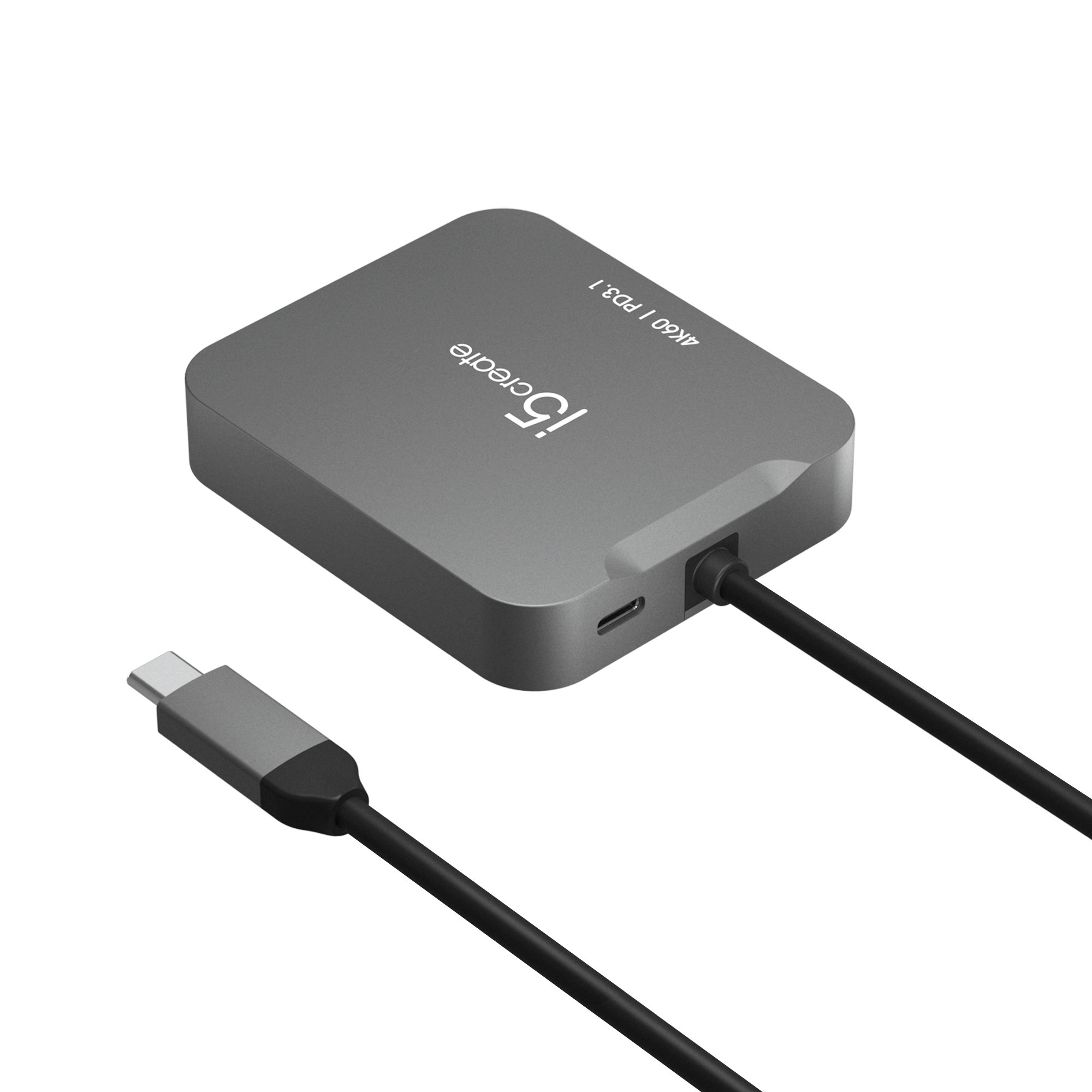 Ein grauer i5create-Adapter mit schwarzem Kabel und USB-C-Anschluss. Produktdetails sind aufgedruckt.