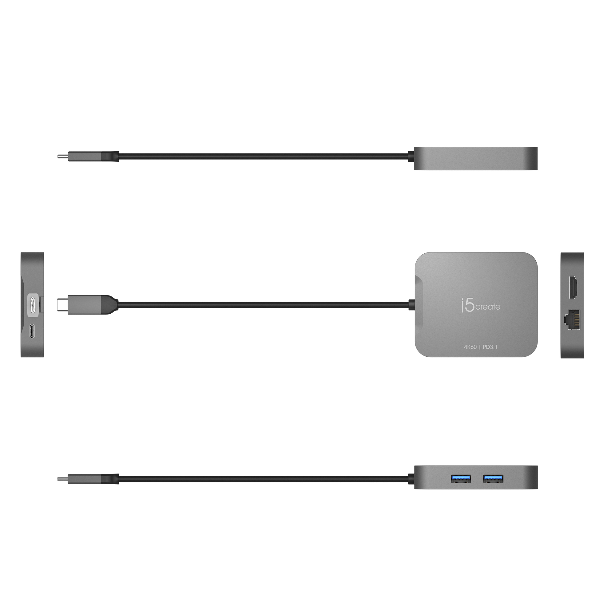 Ein grauer i5create-Multiport-Adapter. Es hat mehrere Anschlüsse, darunter USB und HDMI, sowie einen USB-C-Anschluss.