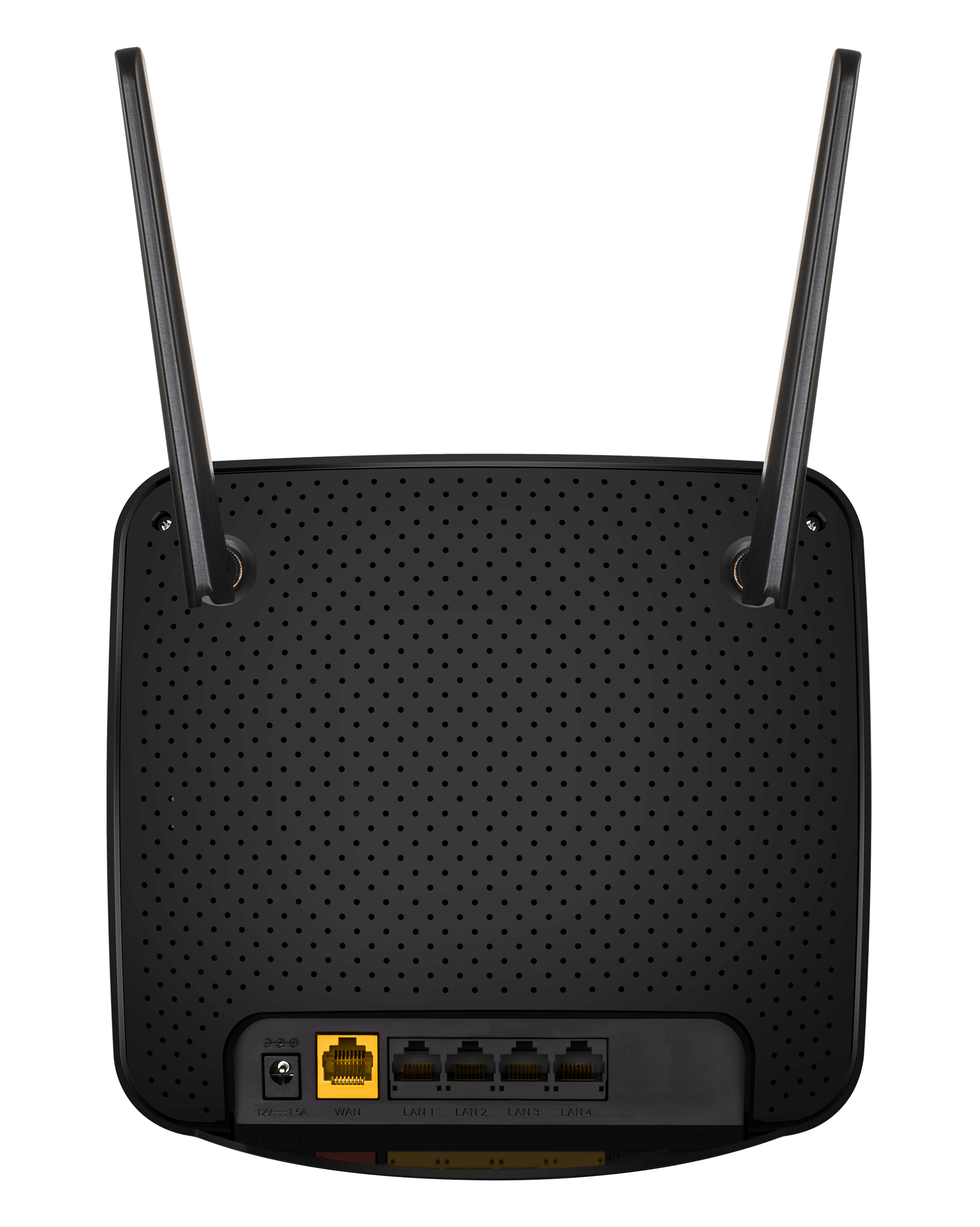 Schwarzer Router mit Antennen. Rückseite hat Anschlüsse und Lüftungslöcher. Weißer Hintergrund.