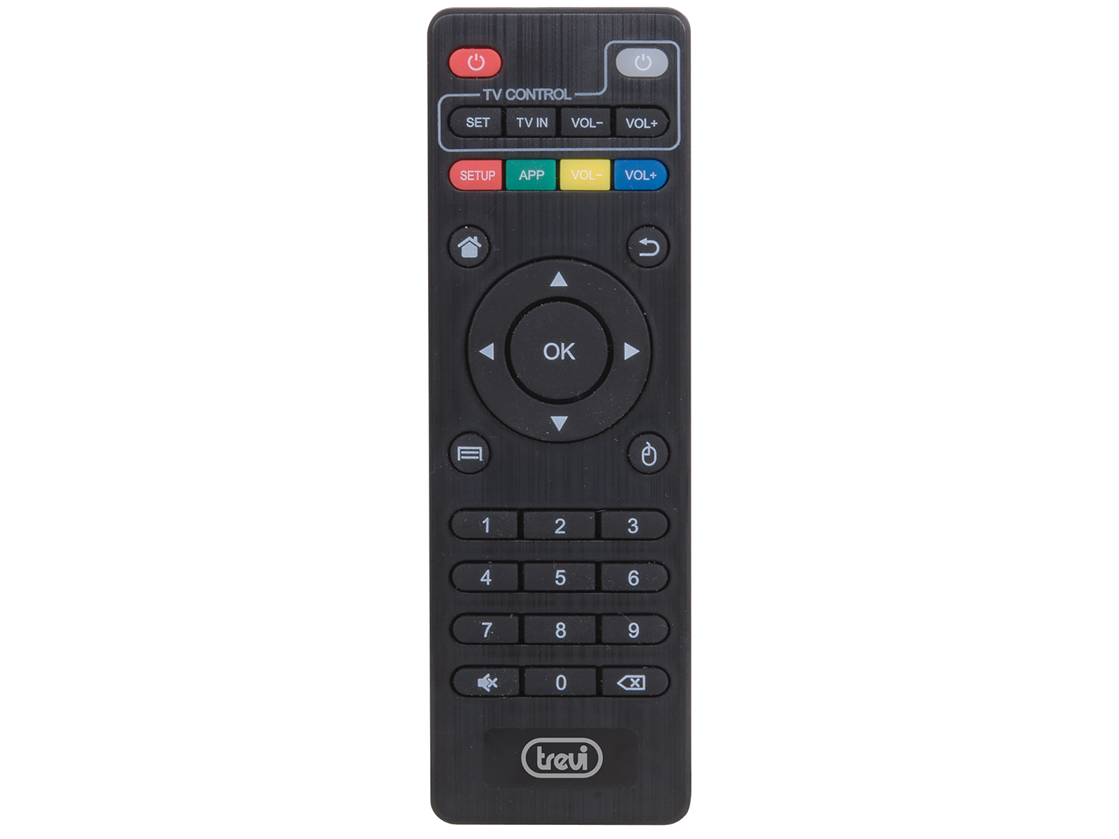 Mando a distancia Trevi negro con muchos botones, incluyendo números, flechas de dirección y control de volumen.