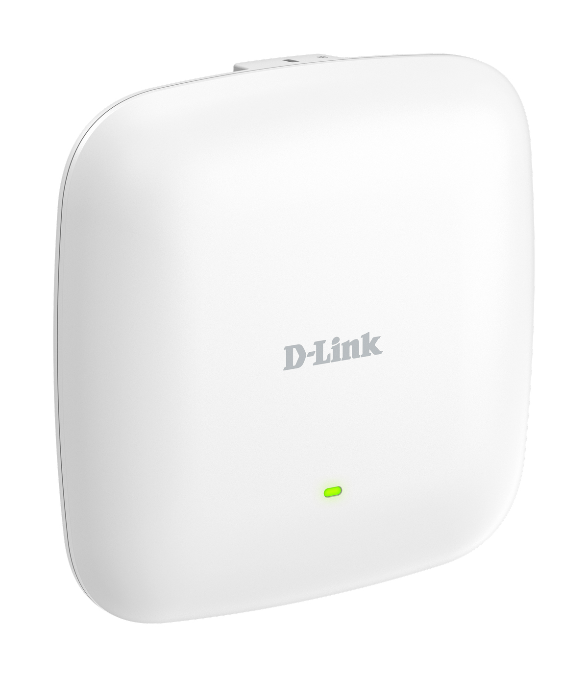 Ein weißer D-Link-Zugangspunkt mit grünem Licht. Das D-Link-Logo ist sichtbar.