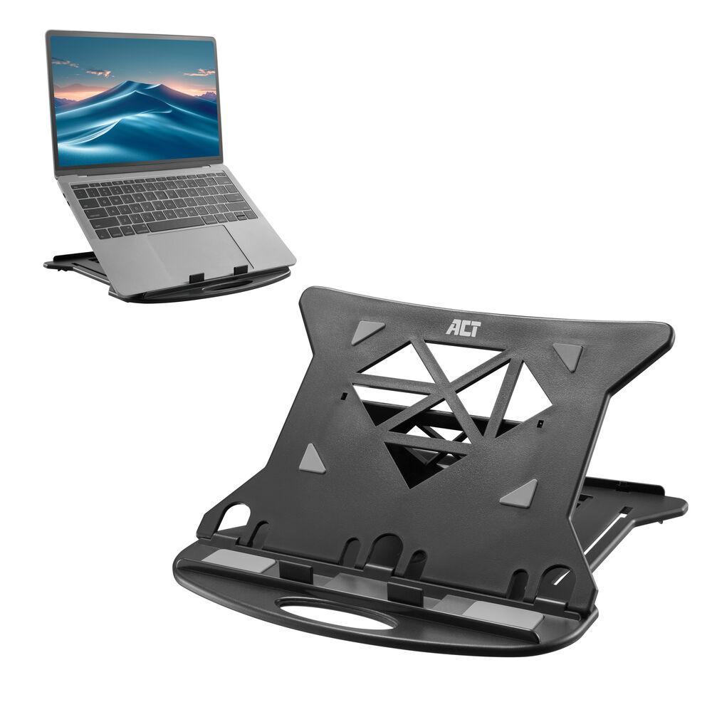 Ein Laptop steht auf einem Ständer. Der Ständer ist schwarz. Der Laptop zeigt eine Landschaft. Auf dem Ständer steht ACT.