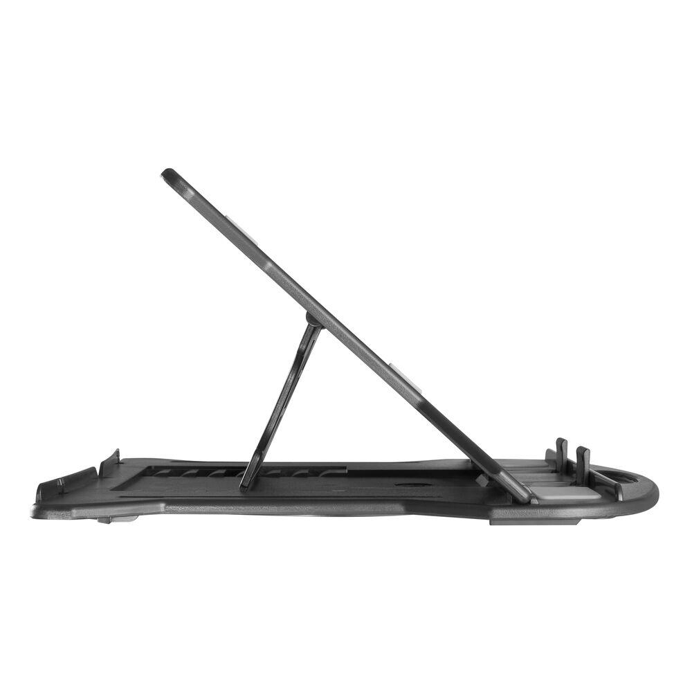 Ein dunkelgrauer Tablet-Ständer, nach oben abgewinkelt. Er hat eine Basis, ein Stützbein und eine obere Auflage.