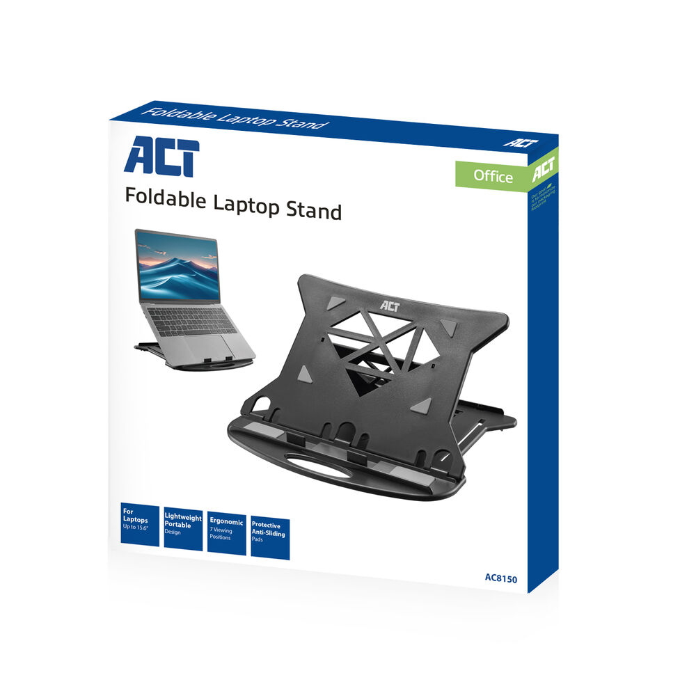 Eine Schachtel mit einem schwarzen Laptop-Ständer, einem Laptop und dem Text "Foldable Laptop Stand". Die Schachtel ist weiß und blau.