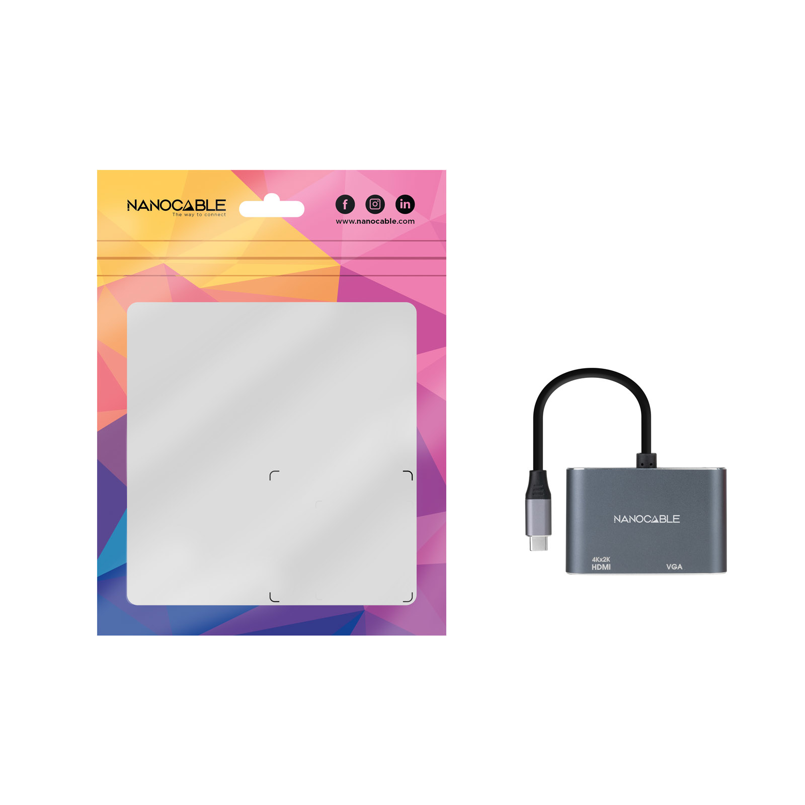 Un adaptador gris Nanocable con un cable negro junto a un paquete con el logotipo de Nanocable sobre un fondo colorido.
