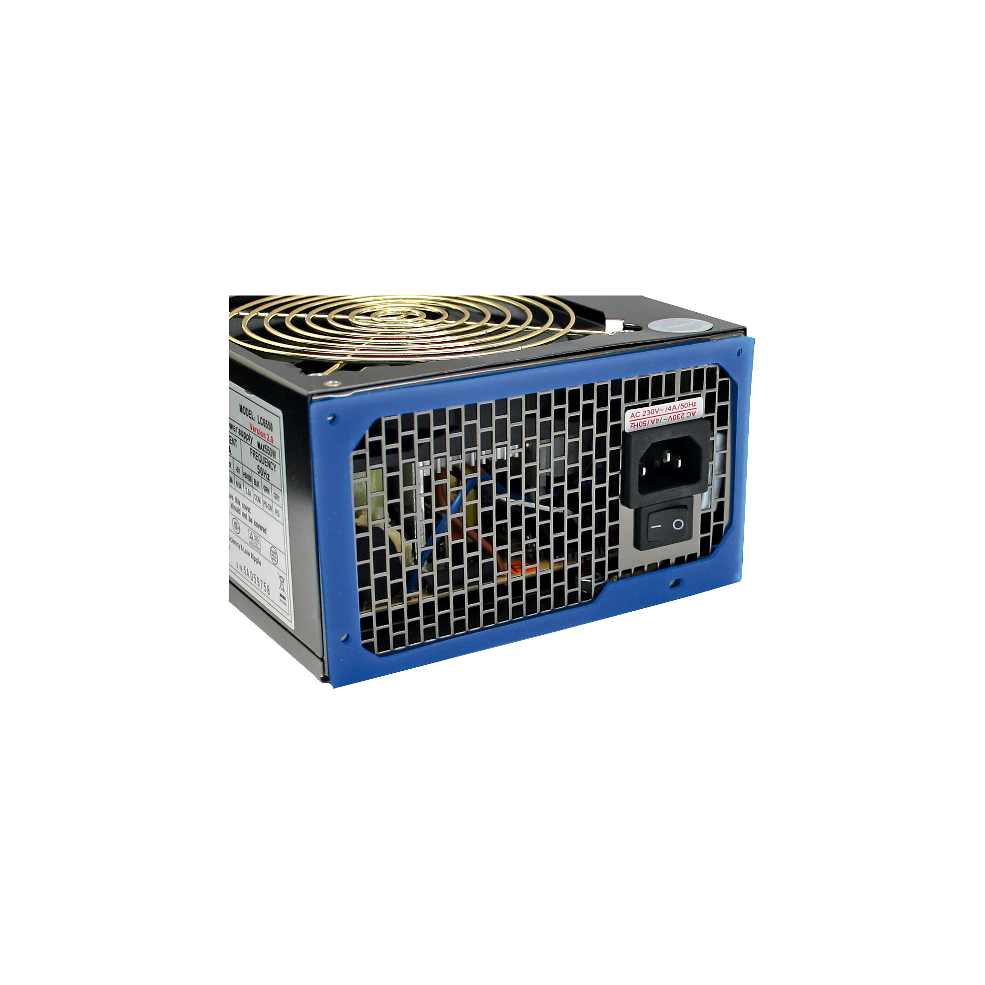 Ein Computer-Netzteil mit blauem und schwarzem Gehäuse, einem Lüfter und einem Gitter. Es hat einen Netzschalter und einen Eingang.